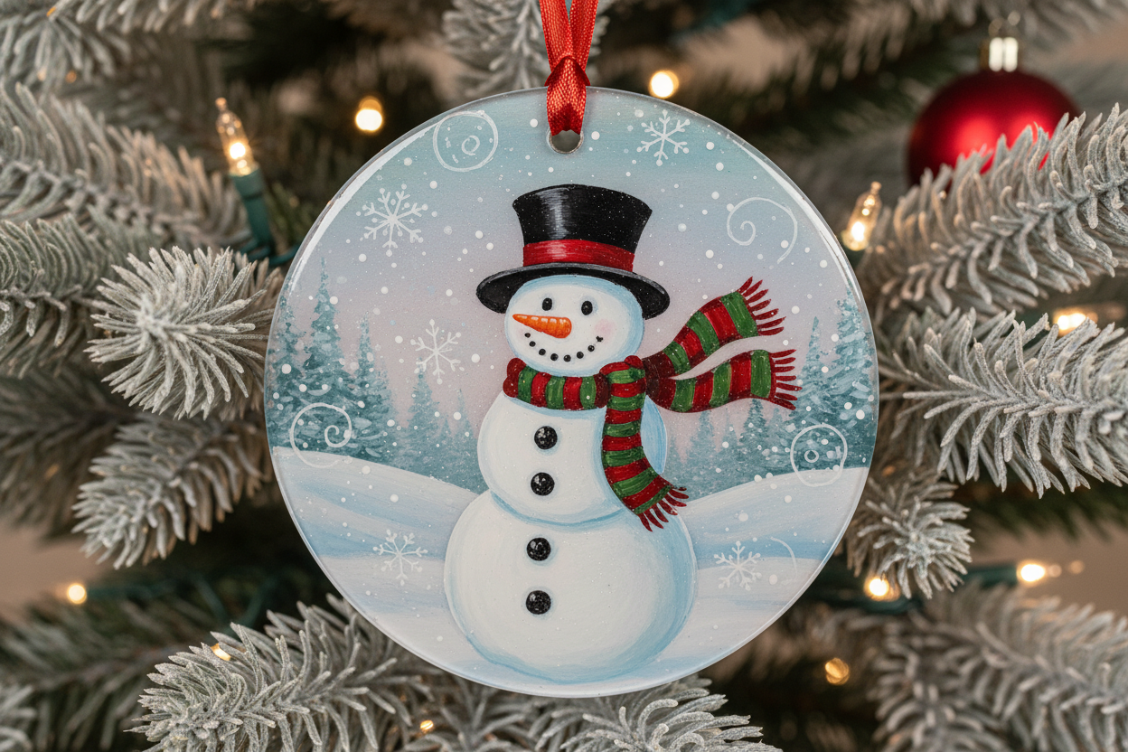 4inch round flat epoxy christmas ornament with a snowman on it 