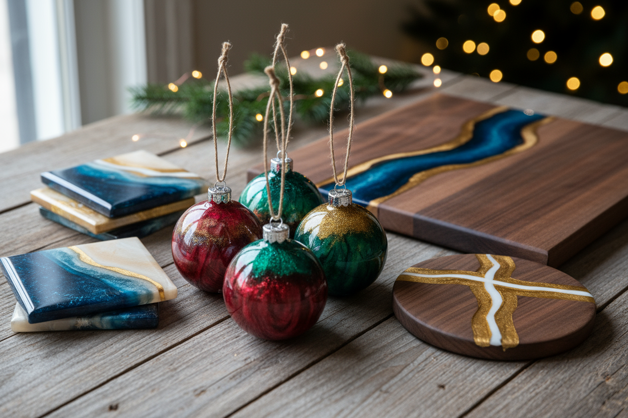 epoxy christmas ornaments , coasters, cutting boards, 
