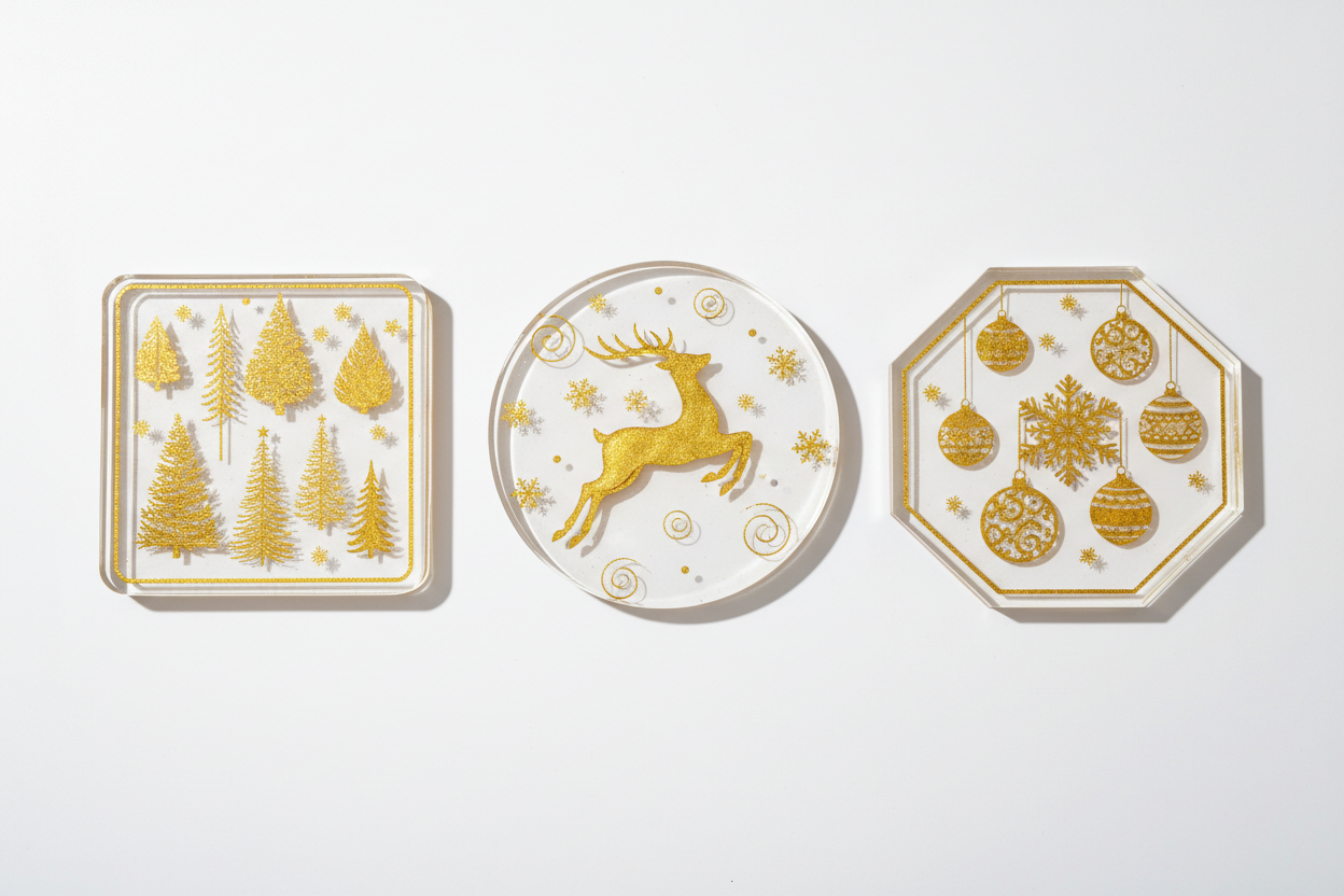 full epoxy coasters round , square, octagon shapes christmas themed with gold silloettes